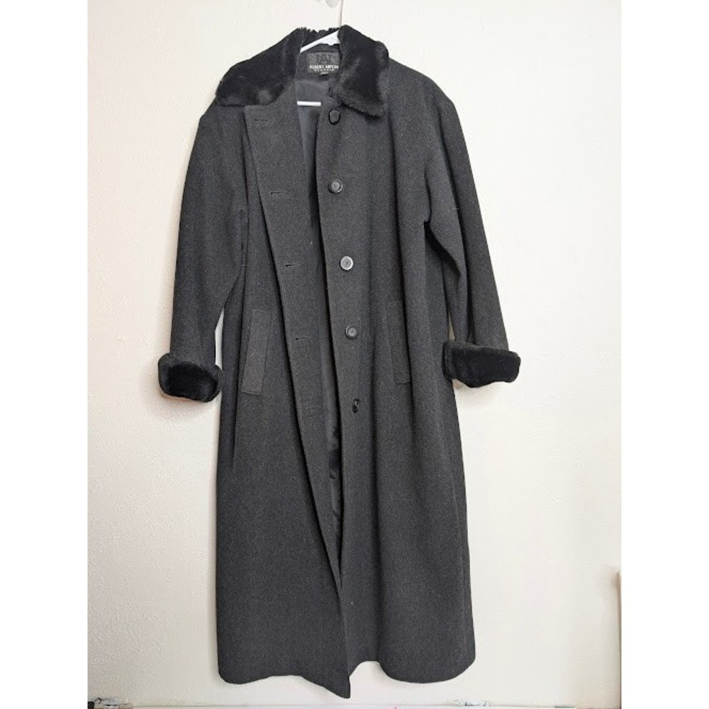 Albert Nipon Studio Long Wool Dress Coat Faux Fur Trim Black Womens 10 Old Money